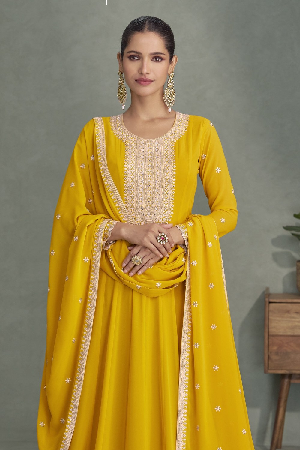 Yellow Georgette Anarkali Suit For Indian & Pakistani Wedding Festival - Embroidery Work - close-up view