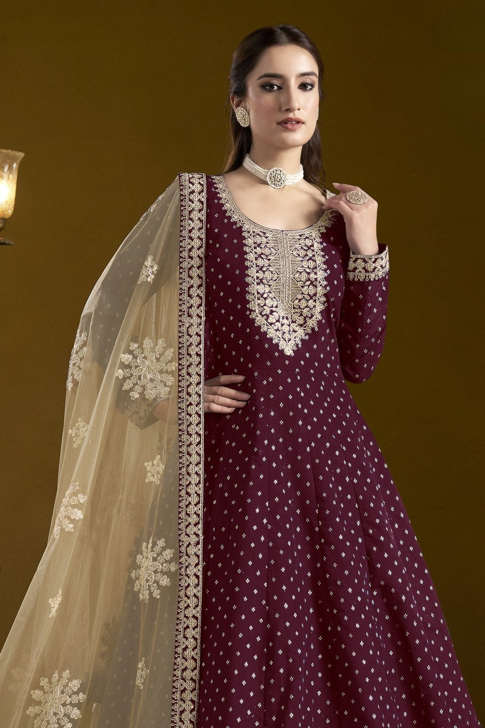 Wine Chanderi Silk Anarkali Dress for Reception with Sequins and Dori Work - close-up view