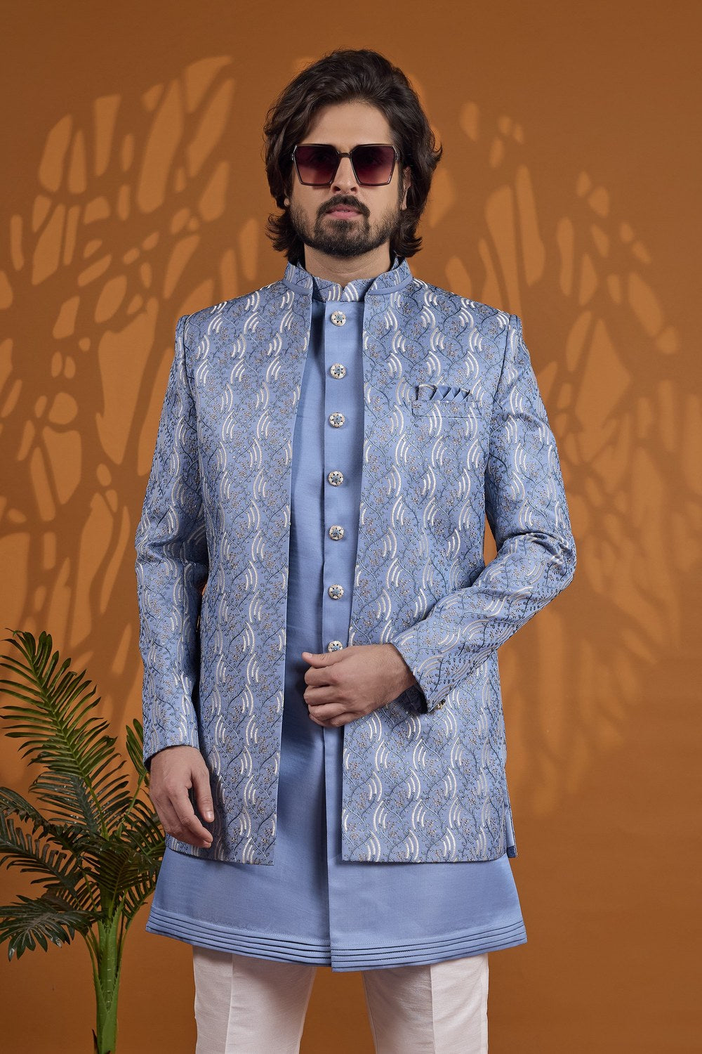 Blue Thread Embroidery Sherwani for Men Wedding - 3 Piece Set - close-up view