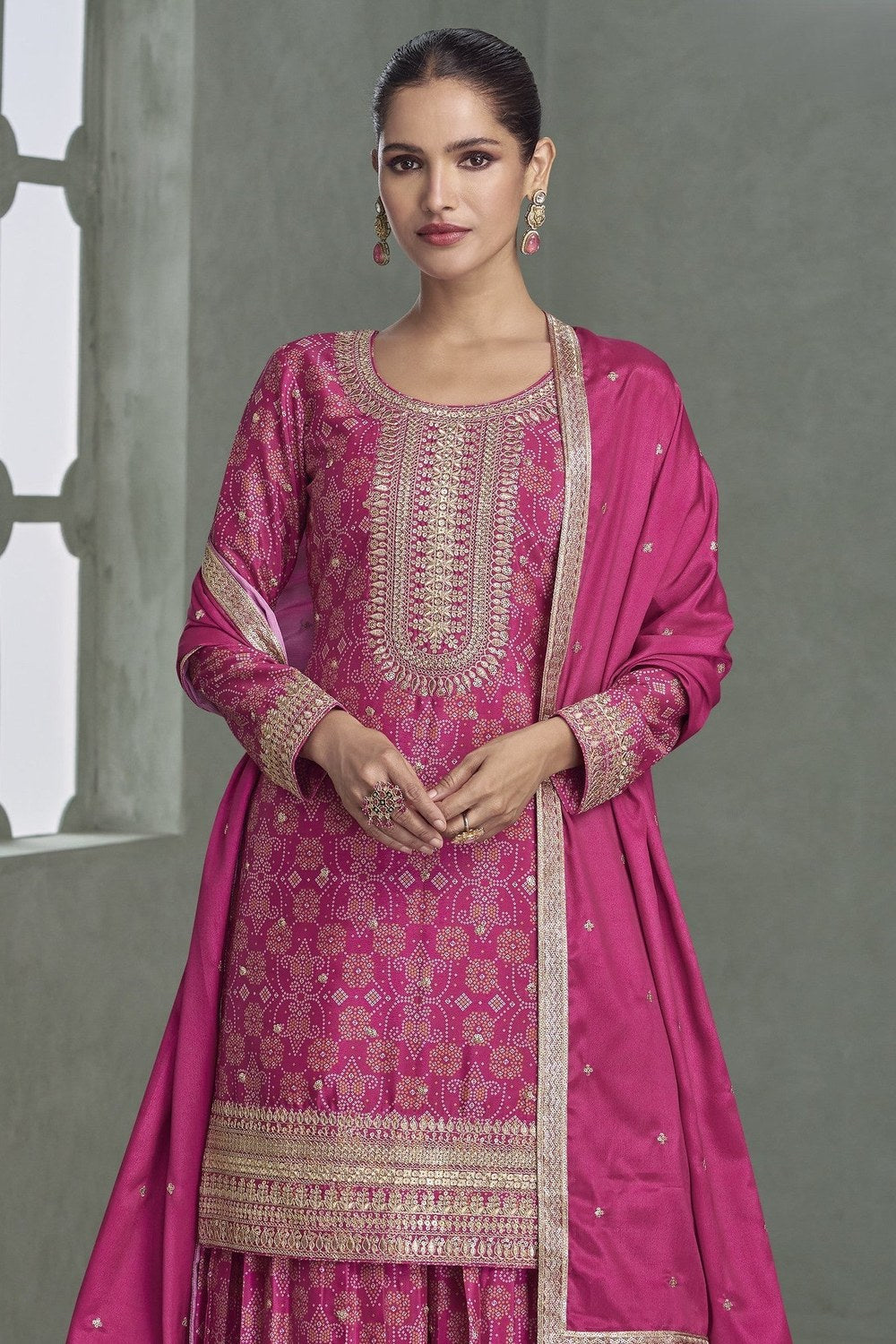 Pink Chinon Silk Plazo Suit For Mehndi For Indian & Pakistani Wedding Festival - Print Work, Embroidery Work - close-up view