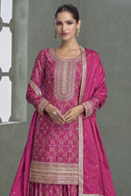 Pink Chinon Silk Plazo Suit For Mehndi For Indian & Pakistani Wedding Festival - Print Work, Embroidery Work - close-up view