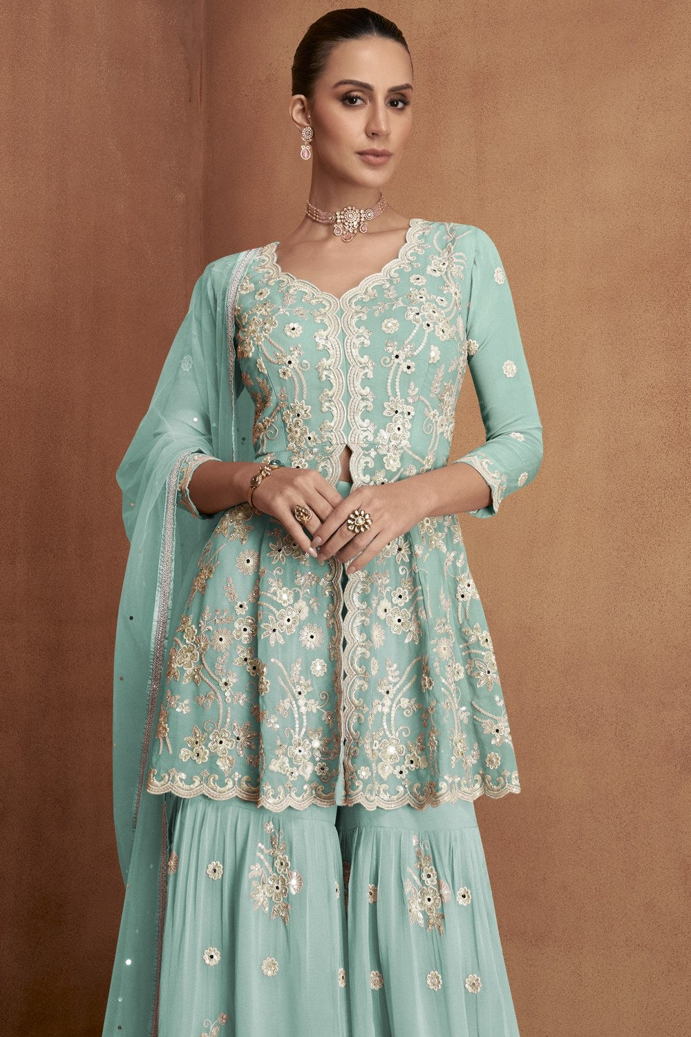 Sharara for Women with Light Firozi Georgette Embroidery - close-up view