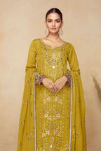 Yellow Chinon Silk Plazo Suit For Indian & Pakistani Wedding Festival - Sequins & Thread Embroidery Work, Real Mirror Work - close-up view