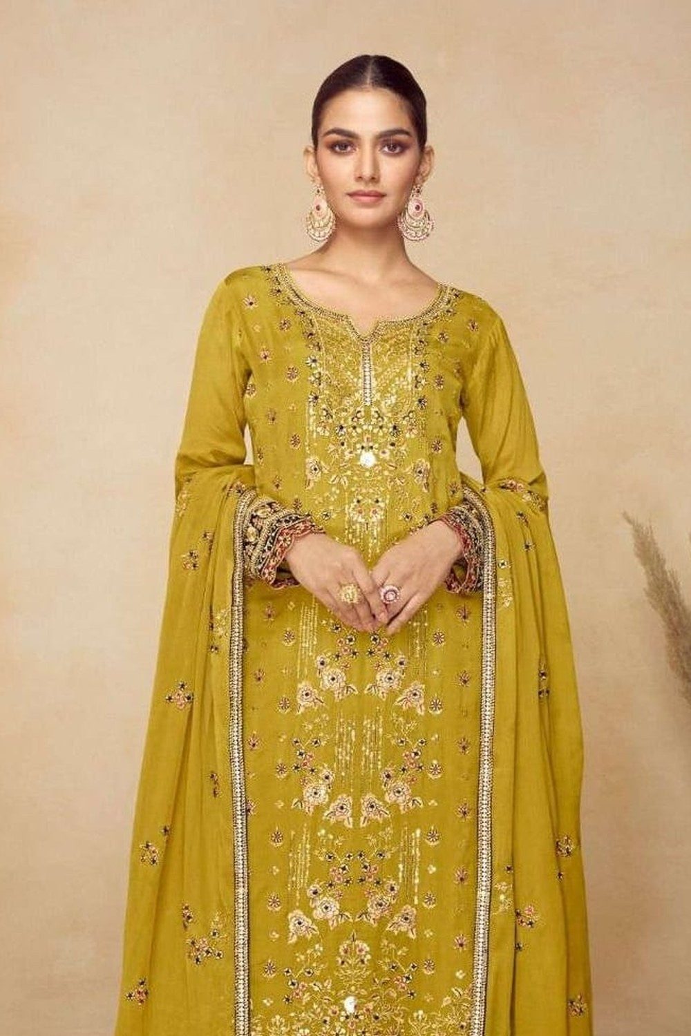 Yellow Chinon Silk Plazo Suit For Indian & Pakistani Wedding Festival - Sequins & Thread Embroidery Work, Real Mirror Work - close-up view