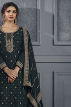 Dark Green Jacquard Silk Kameez With Pant For Wedding & Festival - Embroidery Work - close-up view