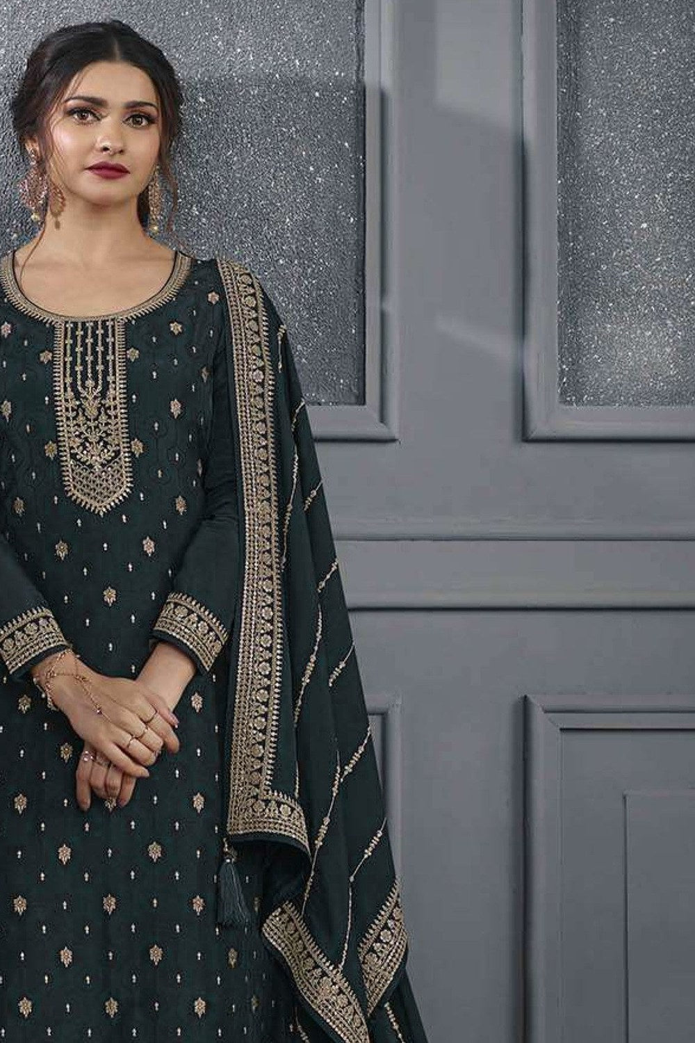 Dark Green Jacquard Silk Kameez With Pant For Wedding & Festival - Embroidery Work - close-up view