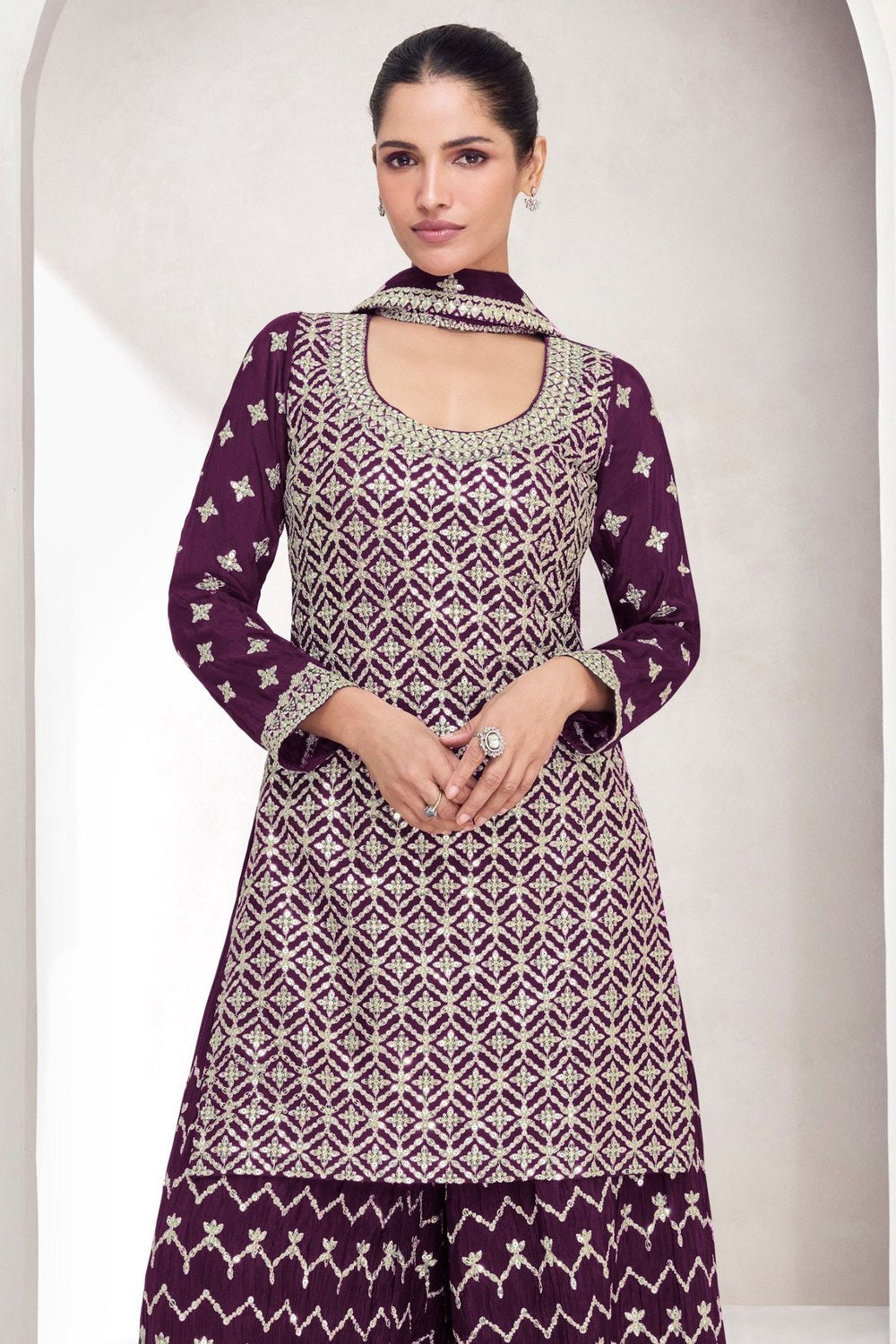 Dark Purple Chinon Silk Plazo Suit Dress For Pakstani Wedding & Festival - Embroidery Work - close-up view