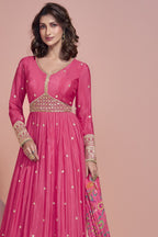 Pink Chinon Silk Long Anarkali Suit Indian Wedding Gowns for Party - Embroidery Work - close-up view
