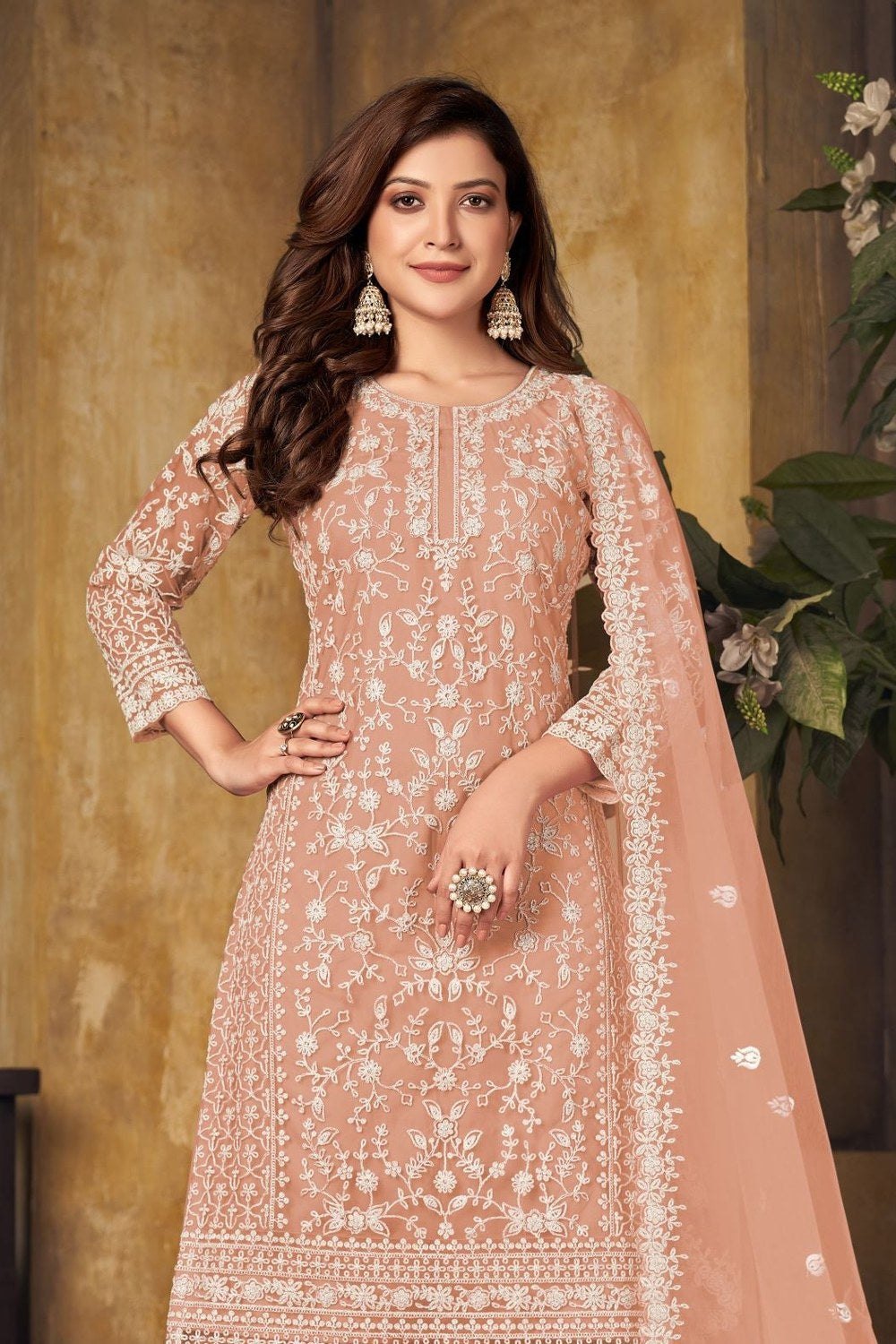 Orange Net Thread Embroidery Plazo for Sangeet Outfits for Women - close-up view