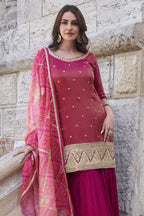 Red Simar Silk Palazzo Suit For Indian Festivals & Weddings - Embroidery Work, Print Work - close-up view