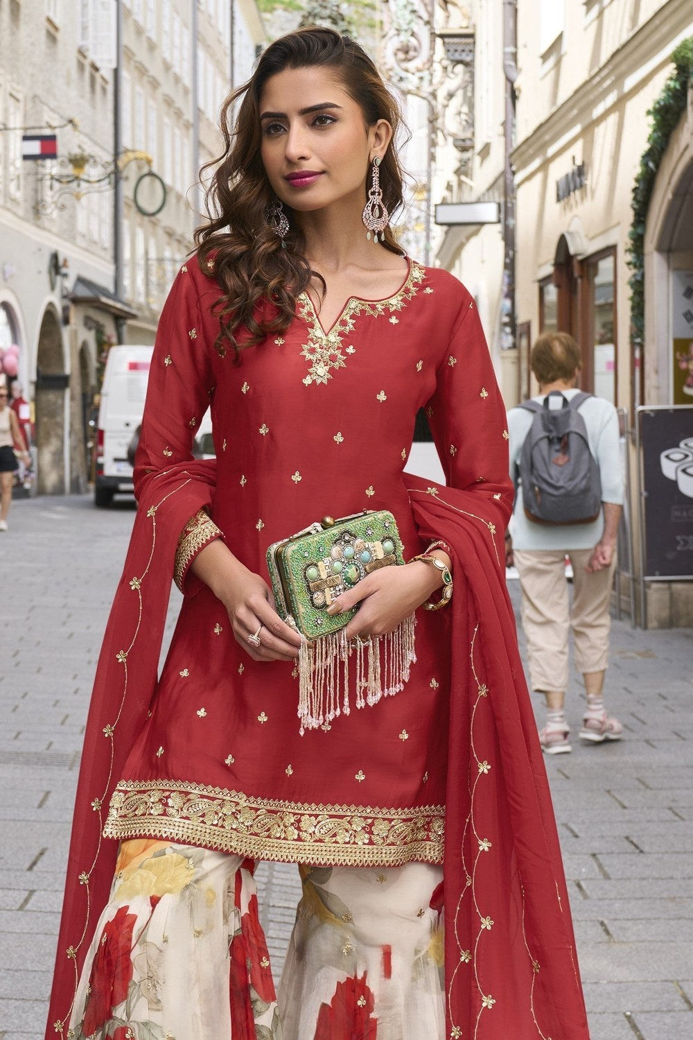Red Chinon Silk Kameez With Palazzo Suit For Indian & Pakistani Wedding Festival - Print Work, Thread & Sequence Embroidery - close-up view