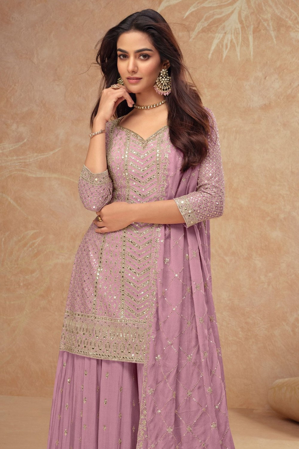 Dusty Pink Chinon Silk Plazo Suit For Indian Weddings & Pakitani Festival - Embroidery Work - close-up view
