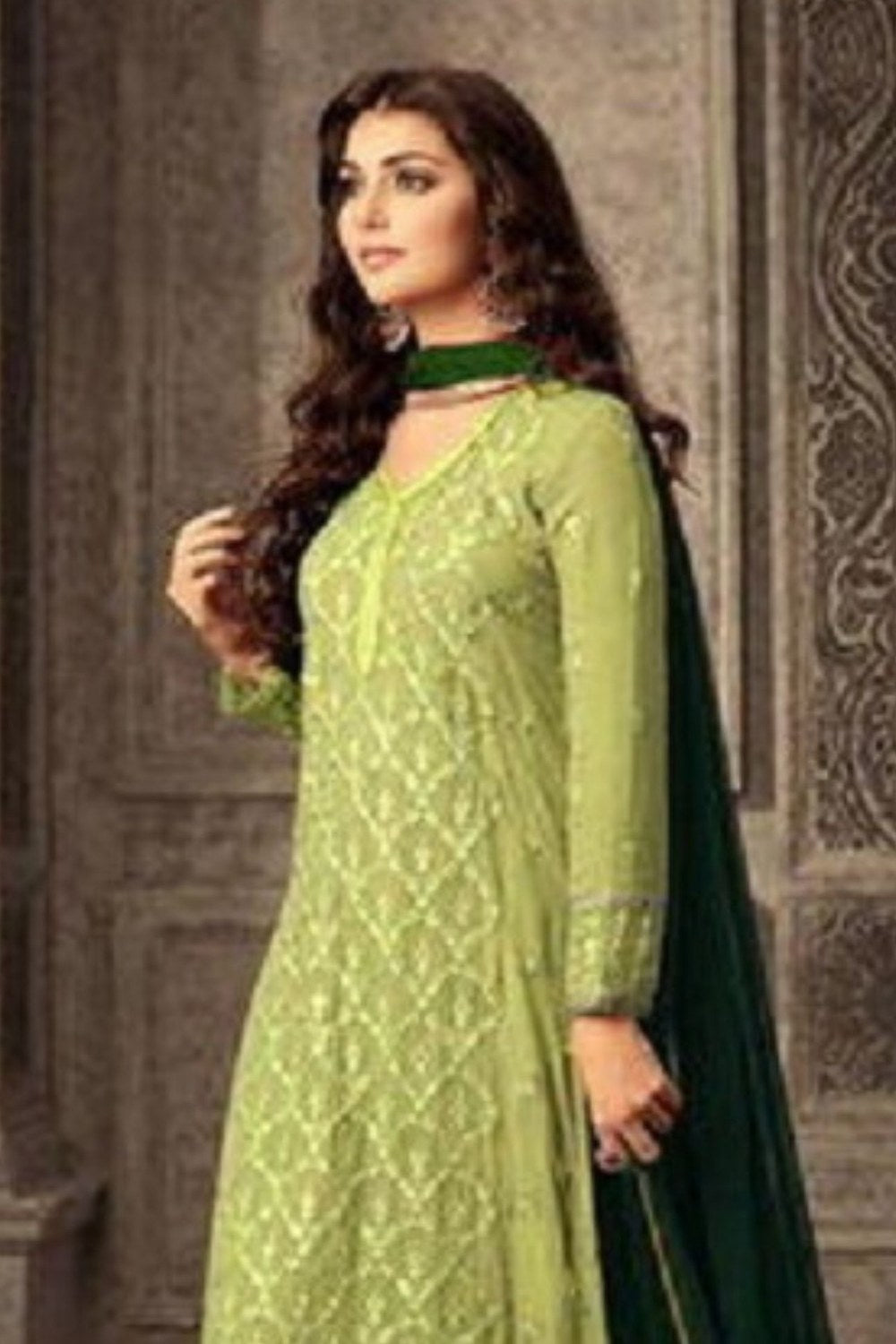 Parrot Green Georgette Plazo Suit For Wedding & Festival - Thread Embroidery Work 1250 - close-up view
