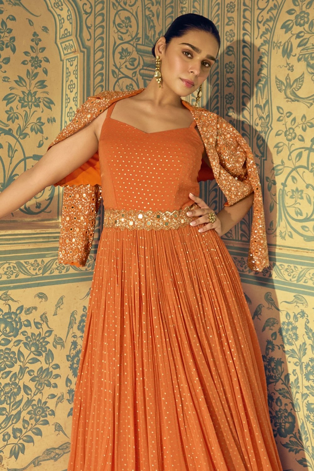 Orange Viscose Shimmer Jacquard Silk Partywear Gown with Jacket For Indian & Pakistani Wedding Festival - Sequins & Thread Embroidery Work - close-up view