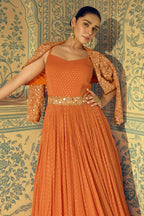 Orange Viscose Shimmer Jacquard Silk Partywear Gown with Jacket For Indian & Pakistani Wedding Festival - Sequins & Thread Embroidery Work - close-up view