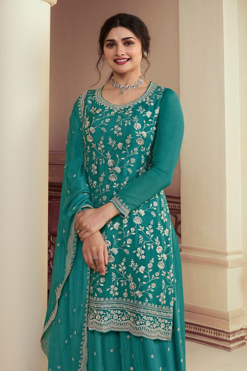 Teal Chinon Silk Palazzo Suit For Indian Festivals & Pakistani Plazo Wedding Dress - Embroidery Work - close-up view