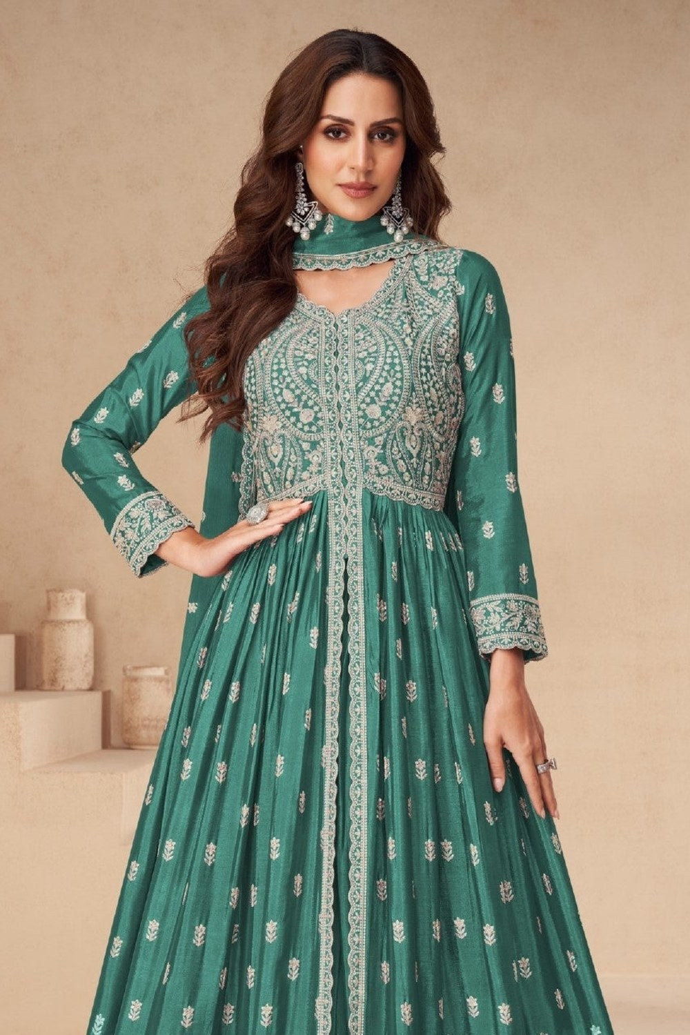 Green Chinon Silk Anarkali Suit With Skirt For Indian & Pakistani Wedding Festival - Thread Embroidery Work - close-up view