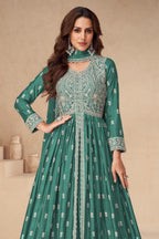 Green Chinon Silk Anarkali Suit With Skirt For Indian & Pakistani Wedding Festival - Thread Embroidery Work - close-up view