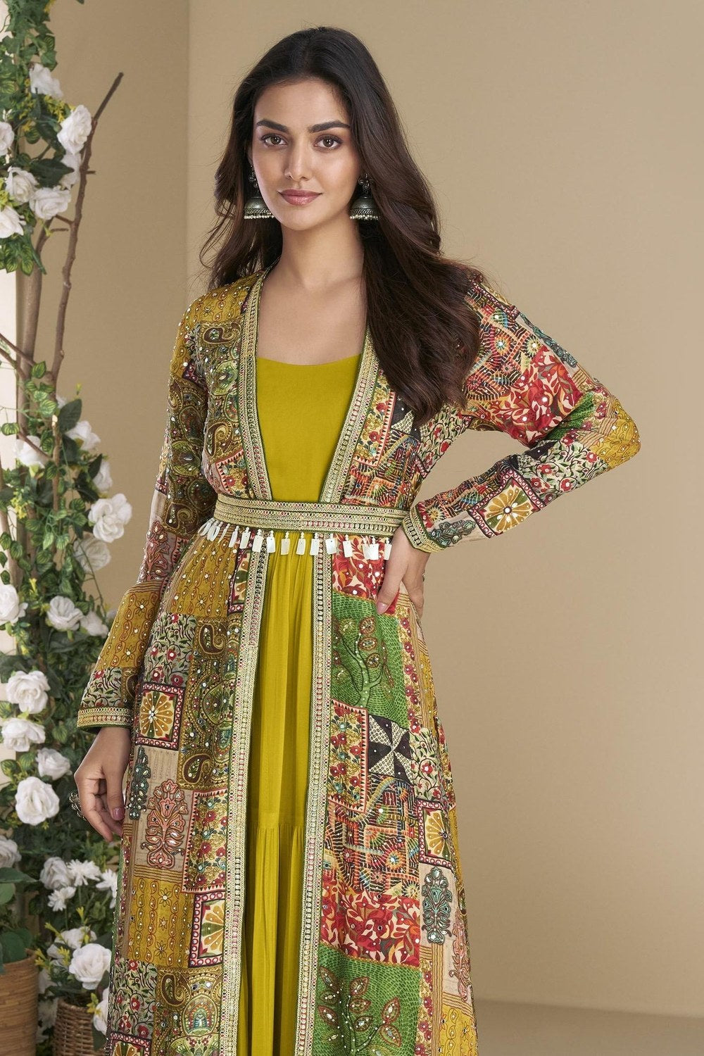 Olive Georgette Anarkali Suit With Long Jacket For Indian & Pakistani Wedding Festival - Thread Embroidery Work, Print Work - close-up view
