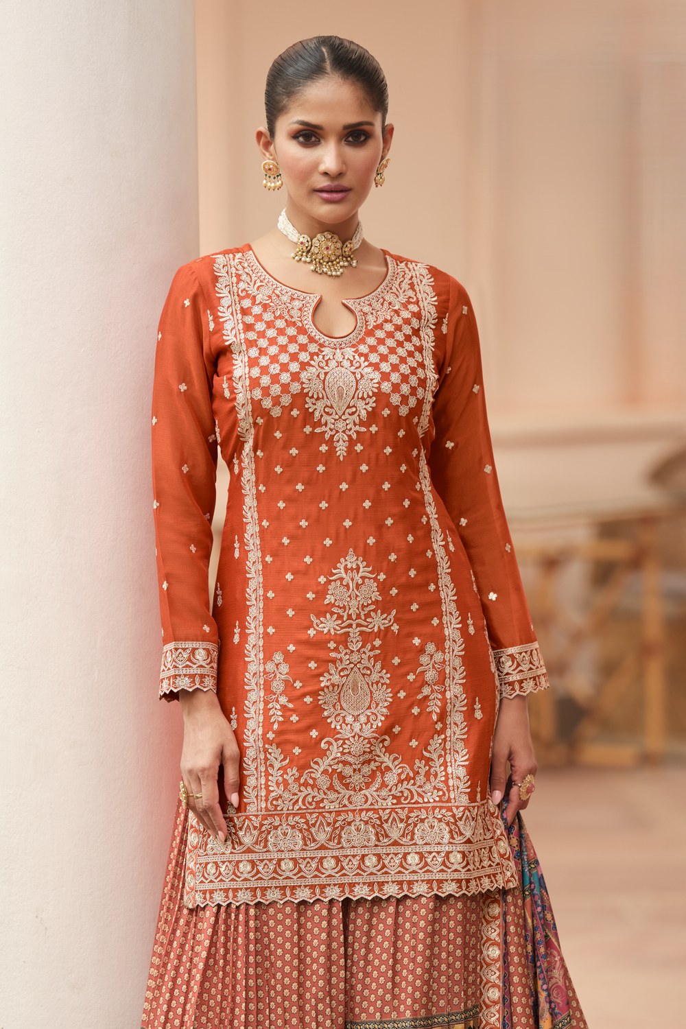 Orange Chinon Silk Indian Palazzo Suit with Print & Embroidery Work - close-up view