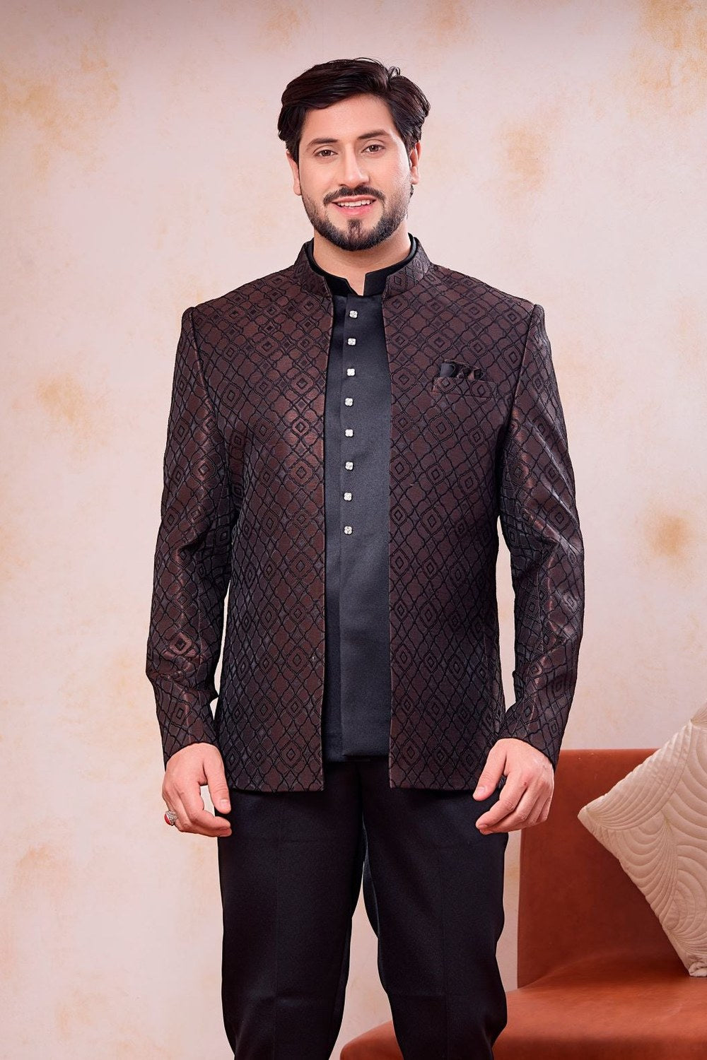 Brown Black 3 Piece Jodhpuri Pant & Jacket - Traditional Hindu Men's Clothing - close-up view