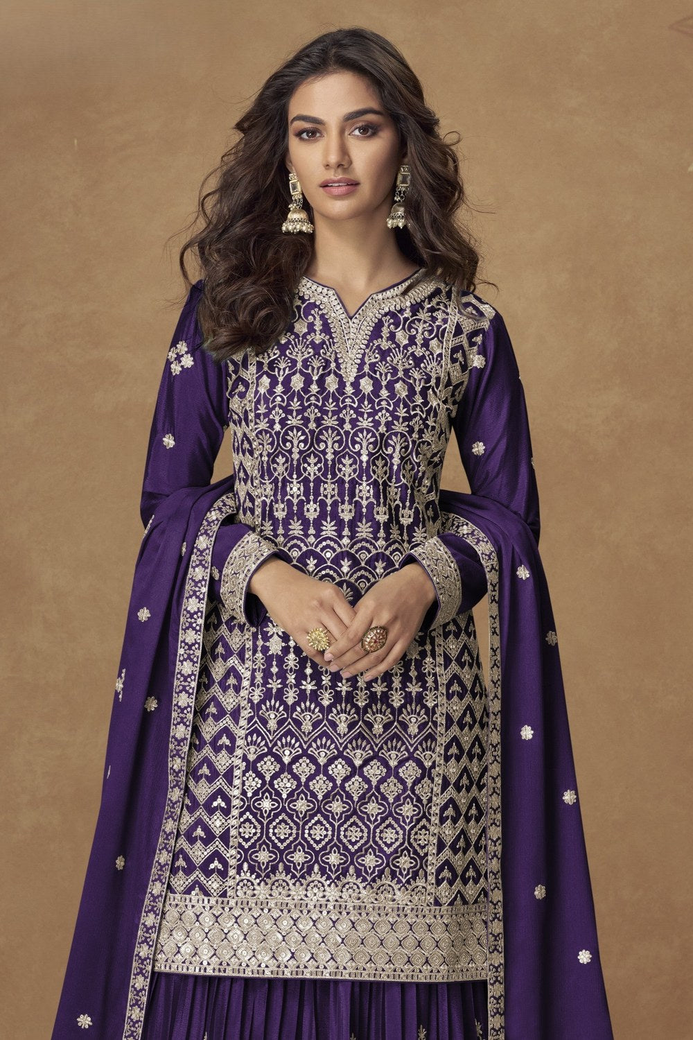 Purple Chinon Silk Kameez With Plazzo Suit For Indian & Pakistani Wedding Festival - Thread & Sequence Embroidery - close-up view