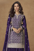 Purple Chinon Silk Kameez With Plazzo Suit For Indian & Pakistani Wedding Festival - Thread & Sequence Embroidery - close-up view