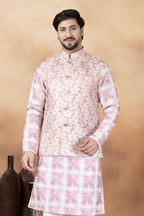 Pastel Pink Traditional Hindu Men's Clothing - Kurta Pajama Waistcoat Set - close-up view