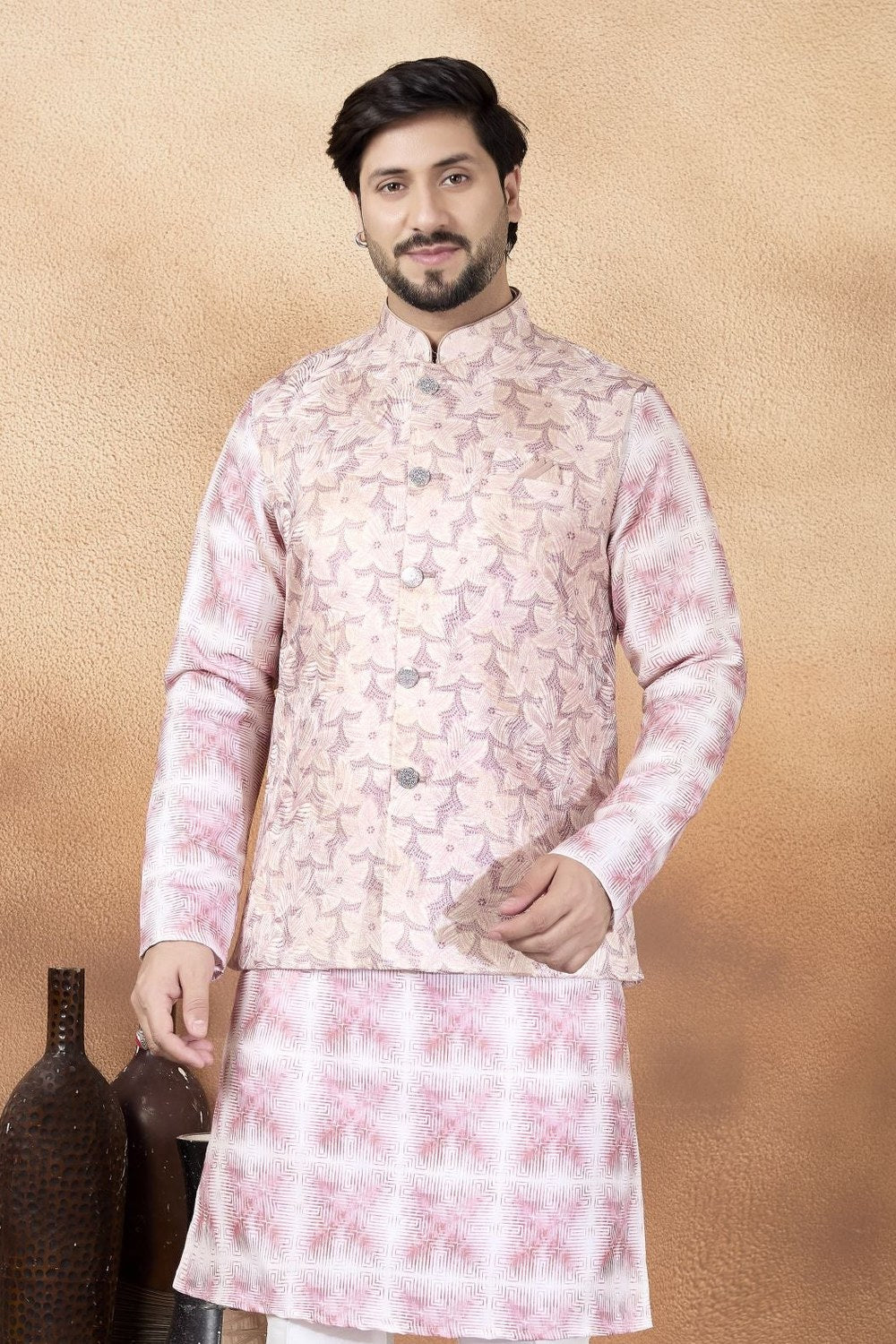 Pastel Pink Traditional Hindu Men's Clothing - Kurta Pajama Waistcoat Set - close-up view
