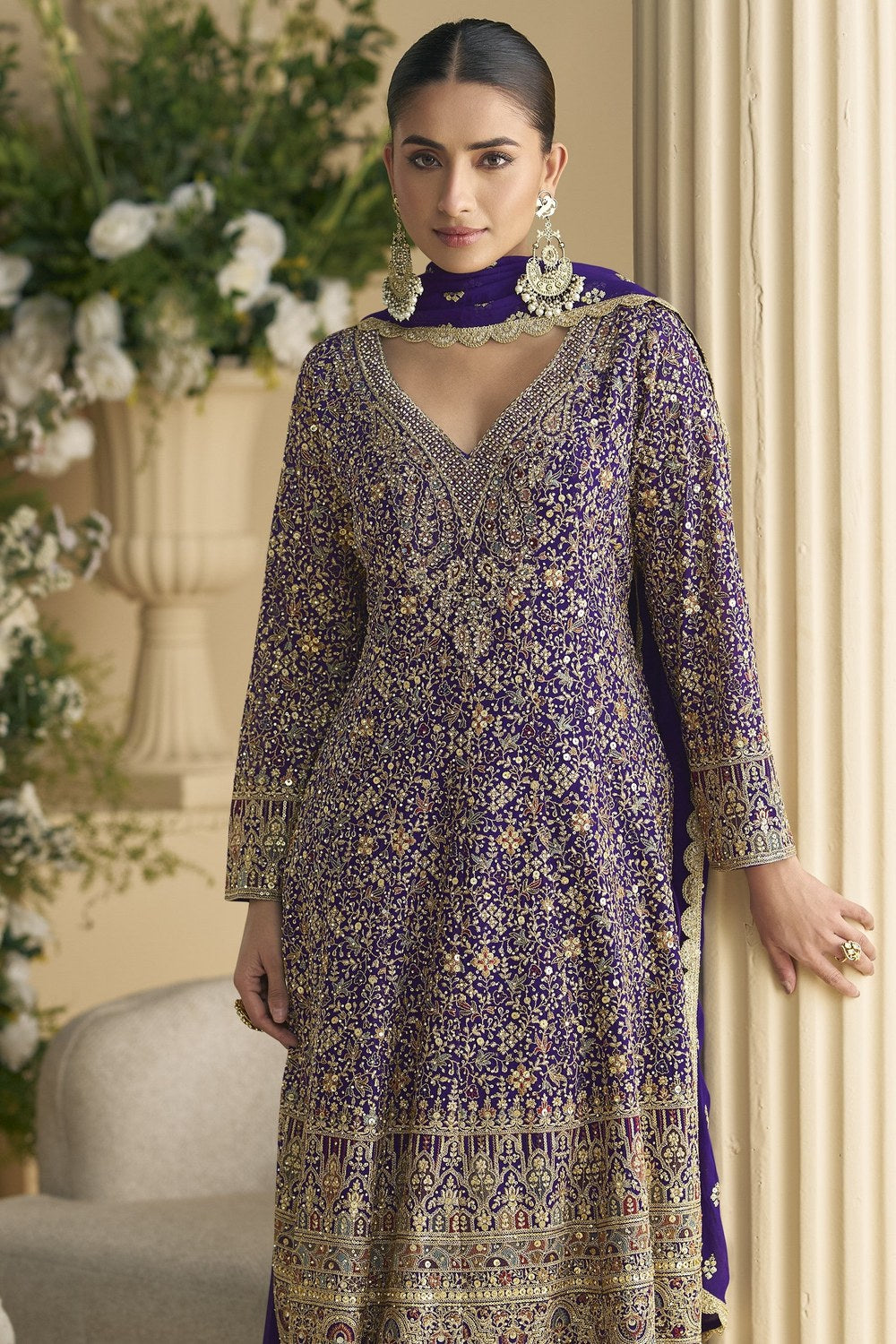 Purple Georgette Palazzo Suit For Indian & Pakistani Wedding Festival - Embroidery Work, Swarovski Work - close-up view