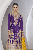 Purple Chinon Silk Palazzo Suit For Indian Weddings & Pakitani Festival - Embroidery Work - close-up view