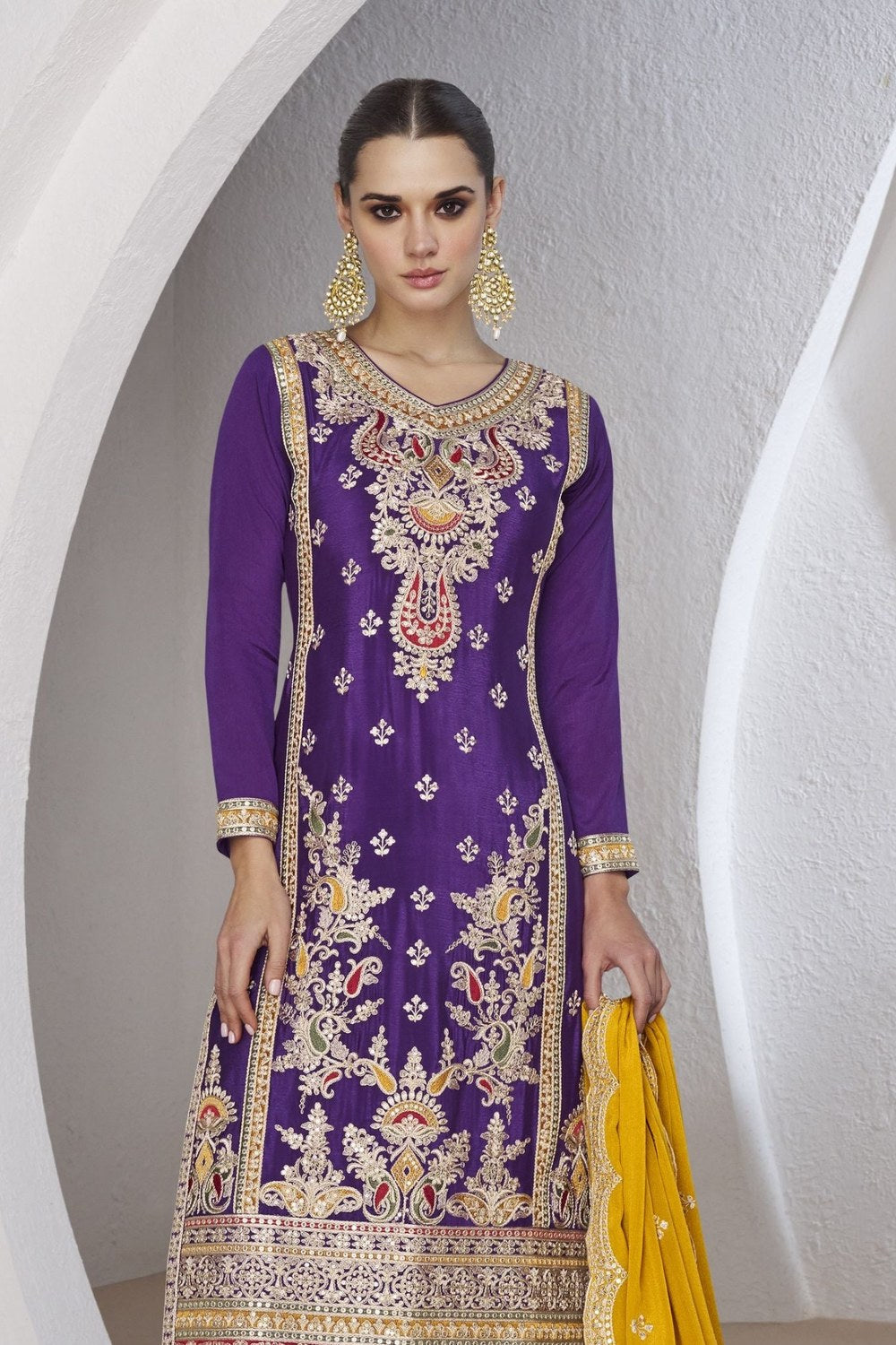 Purple Chinon Silk Palazzo Suit For Indian Weddings & Pakitani Festival - Embroidery Work - close-up view