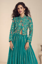 Teal Vichitra Silk Long Sleeves Lehenga with Sequins Embroidery Work - close-up view