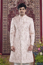 Cream Pink Jacquard Woven Mens Indian Wedding Attire - close-up view