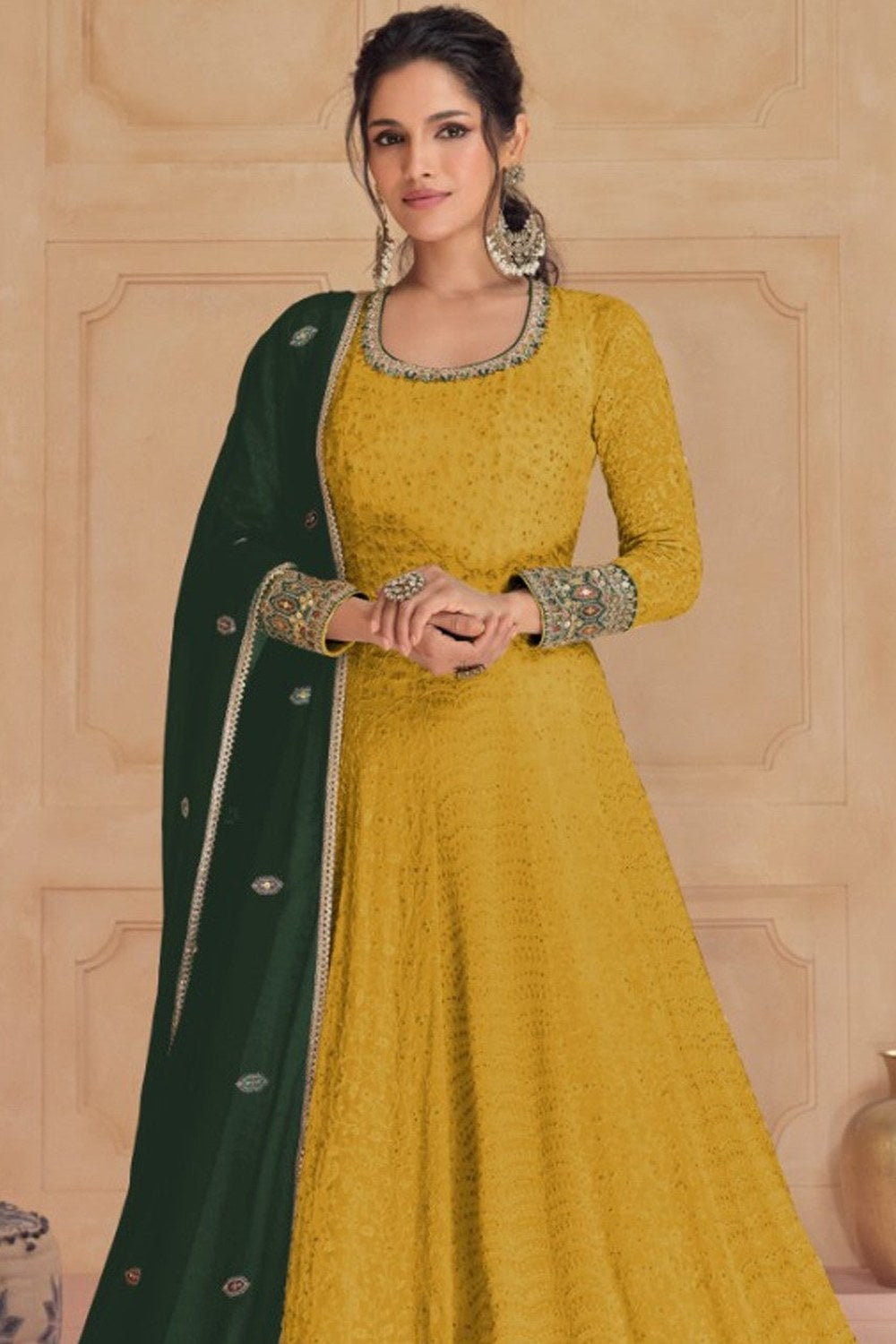 Mustard Georgette Anarkali Style Bridal Gown in India for Haldi - Thread & Sequence Embroidery Work - close-up view