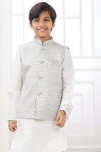 White Art Silk 3 Piece Boys Kurta Pajama & Waistcoat for Kids - Embroidery Work - close-up view