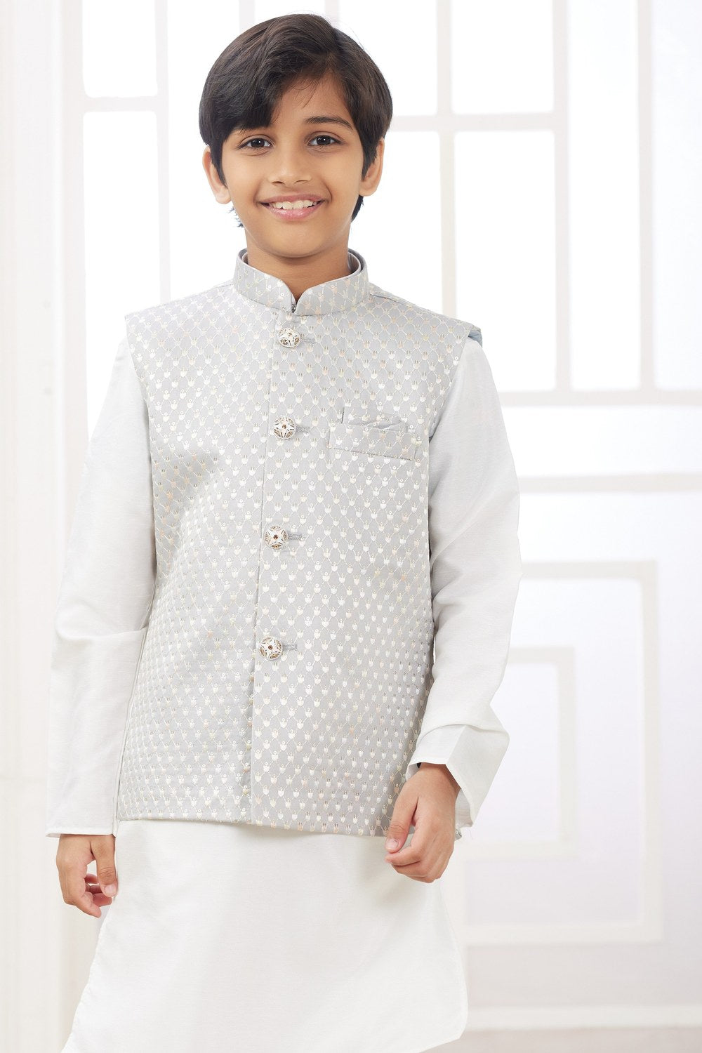 White Art Silk 3 Piece Boys Kurta Pajama & Waistcoat for Kids - Embroidery Work - close-up view