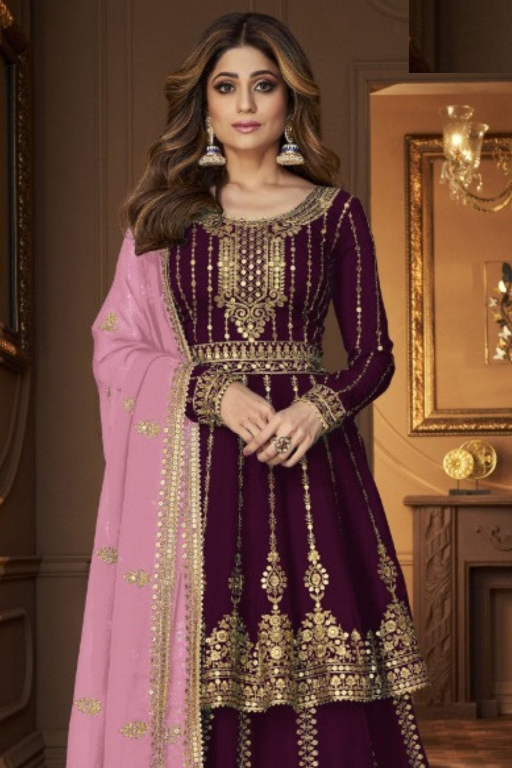Dark Purple Georgette Kameez with Skirt Suit For Indian Wedding & Festival - Sequence Embroidery Work - close-up view