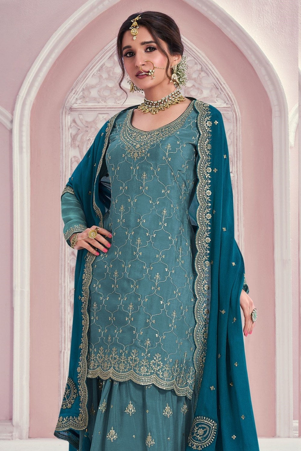 Teal Chinon Silk Indian Palazzo Trousers for Mehndi - Thread & Sequence Embroidery Work - close-up view