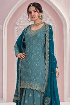 Teal Chinon Silk Indian Palazzo Trousers for Mehndi - Thread & Sequence Embroidery Work - close-up view