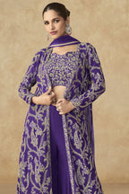 Purple Georgette Palazzo with Choli & Jacket For Wedding & Indian Festival - Embroidery Work - close-up view