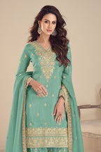 Turquoise Simmer Silk Embroidery Palazzo Suits for Women - close-up view
