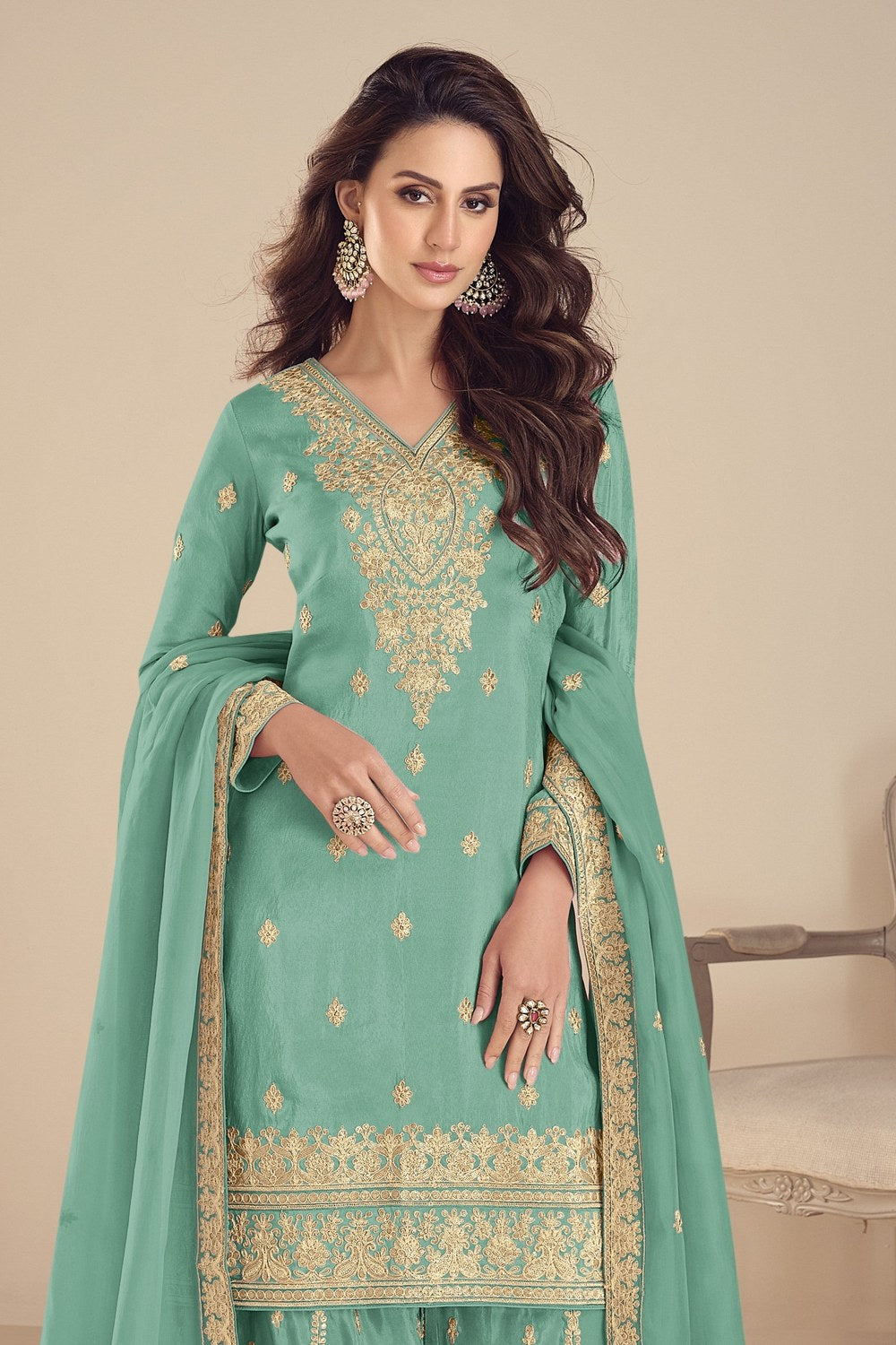 Turquoise Simmer Silk Embroidery Palazzo Suits for Women - close-up view