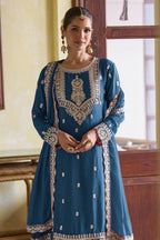 Blue Chinon Silk Kameez With Pant For Indian & Pakistani Wedding Festival - Sequins Embroidery Work, Dori Work - close-up view