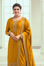 Mustard Georgette Silk Kameez with Pant Suit For Indian Festivals & Pakistani Weddings Dress - Thread Embroidery Work - close-up view