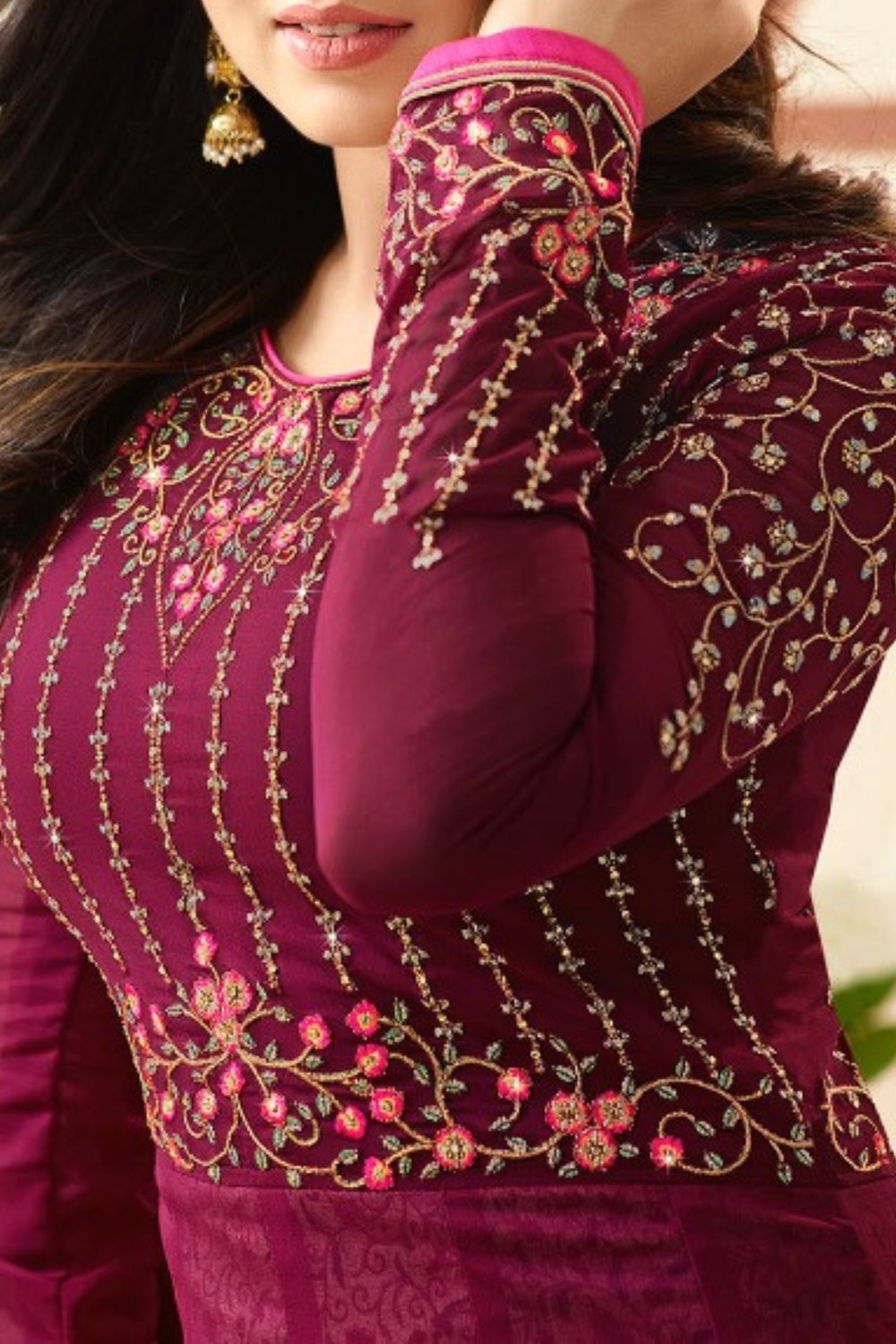 Dark Pink Georgette Anarkali Suit Engagement Dresses For Women - Embroidery Work - hem and footwear detail