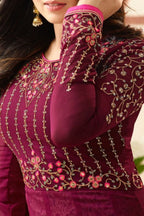 Dark Pink Georgette Anarkali Suit Engagement Dresses For Women - Embroidery Work - hem and footwear detail