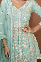 Sharara for Women with Light Firozi Georgette Embroidery - hem and footwear detail