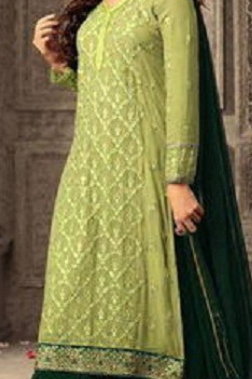 Parrot Green Georgette Plazo Suit For Wedding & Festival - Thread Embroidery Work 1250 - detail view