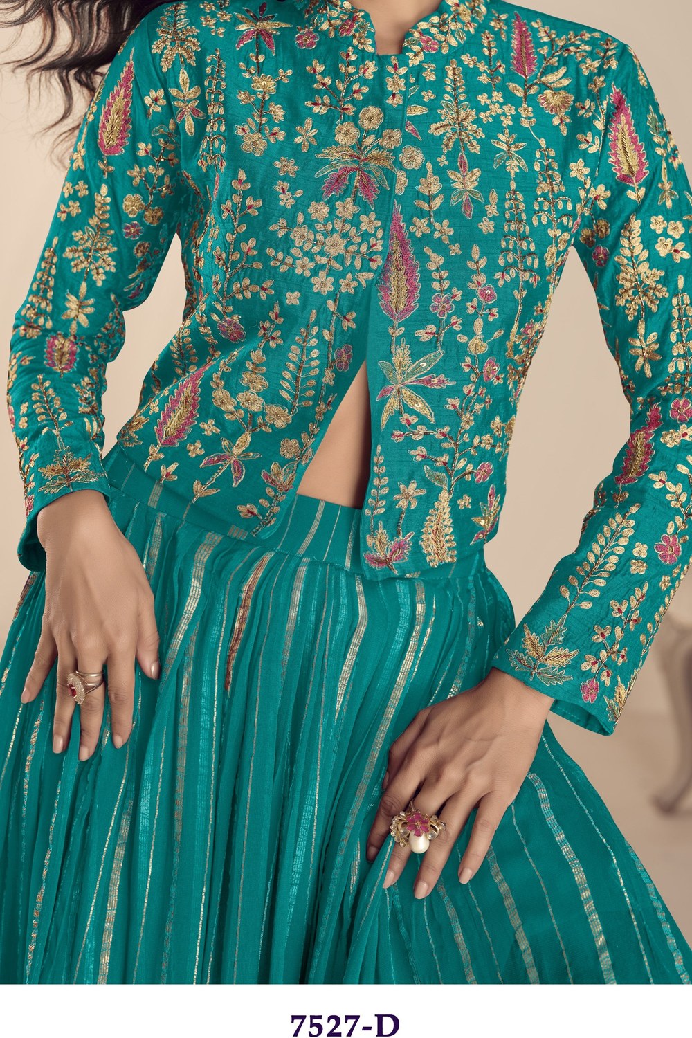 Teal Vichitra Silk Long Sleeves Lehenga with Sequins Embroidery Work - hem and footwear detail